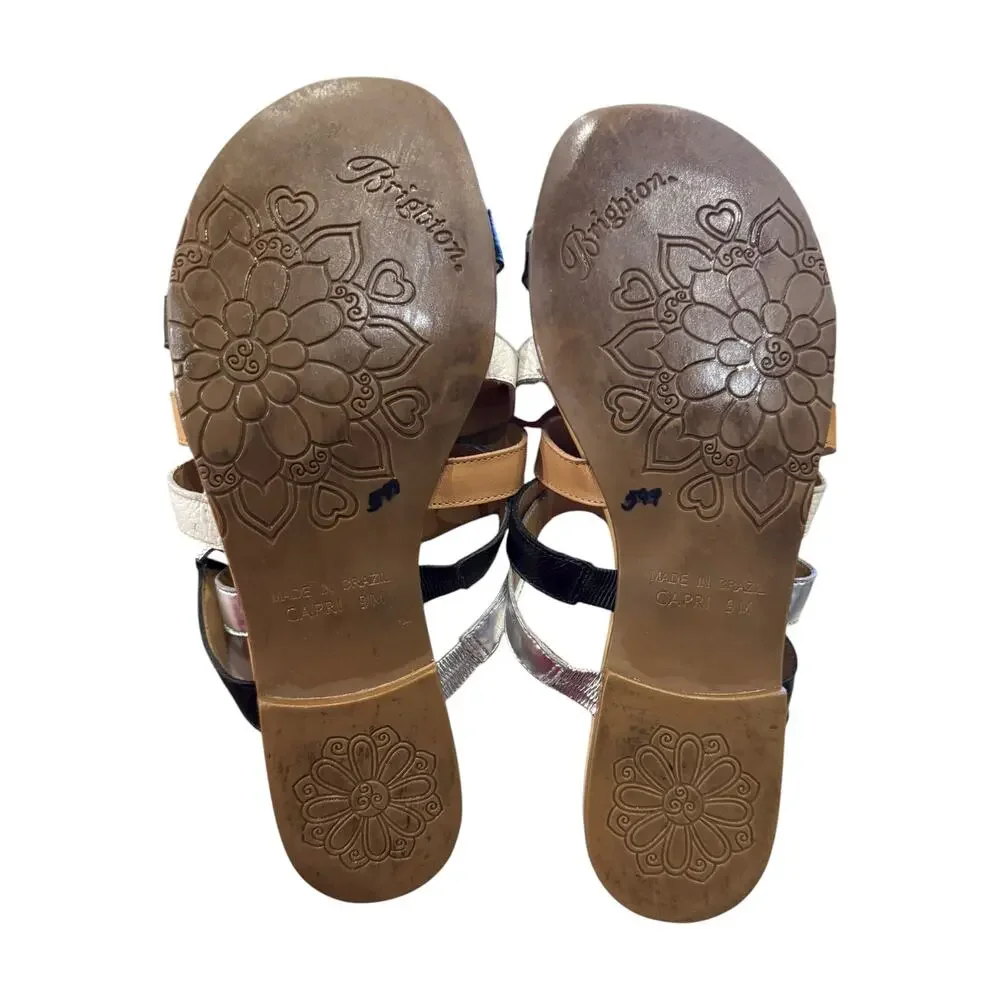 Brighton Capri Multicolor Leather Strappy Slide Sandals Black Tan Silver 9M